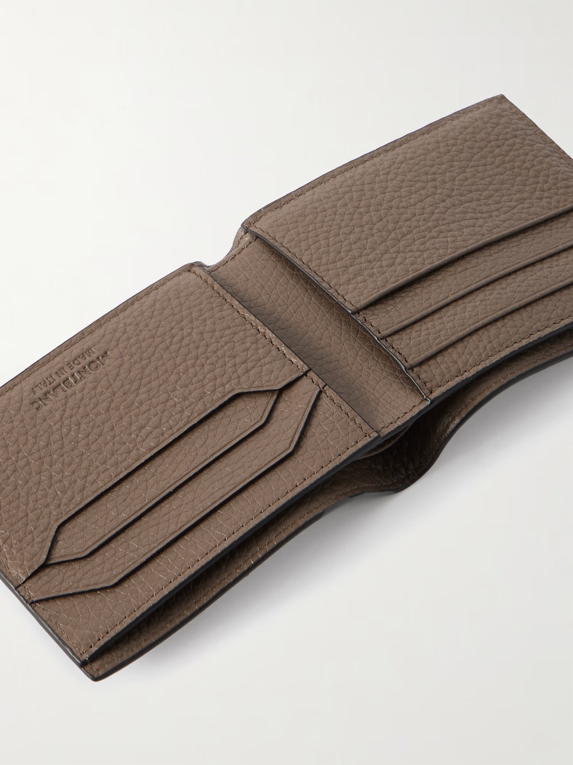 Full grain Italian calf leather texture on Montblanc wallet sand brown