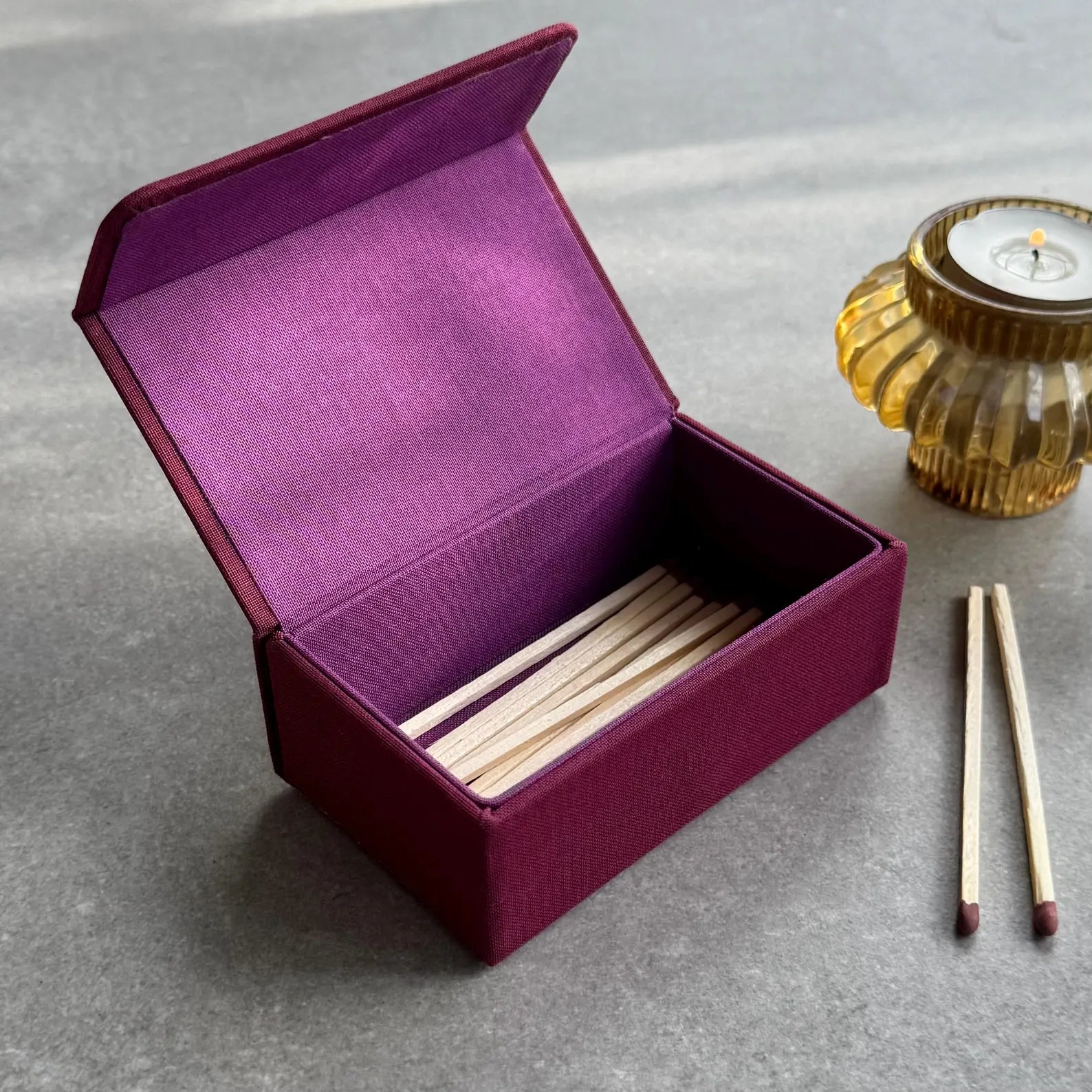 Handmade matchbox in 5 colours black mustard cranberry mocha moss