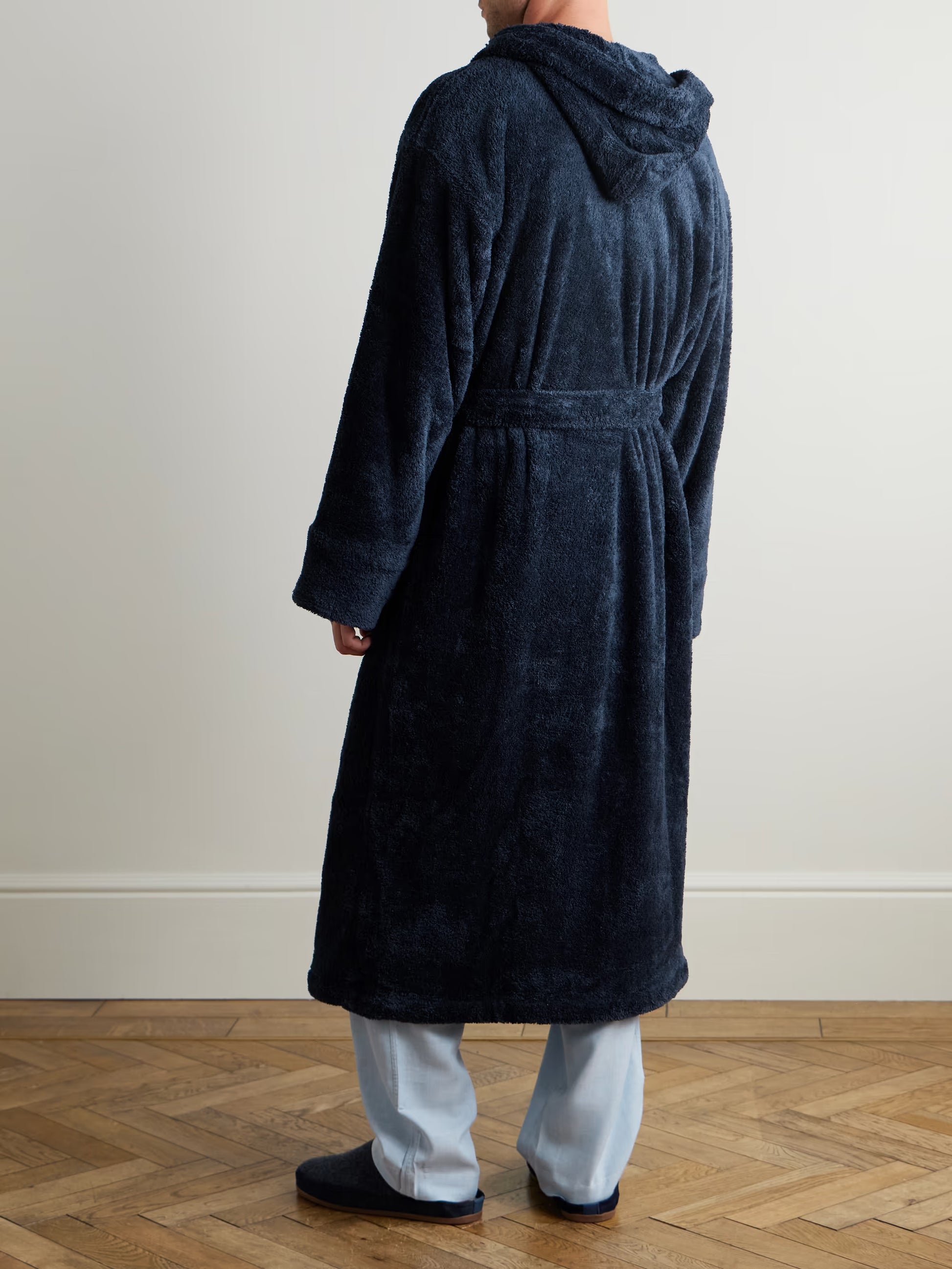 Hood detail on Soho Home mens fleece robe - plush navy fabric