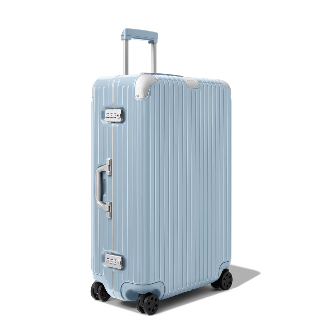 RIMOWA Hybrid Check-In L sky blue suitcase showing aluminium corners and grooved shell