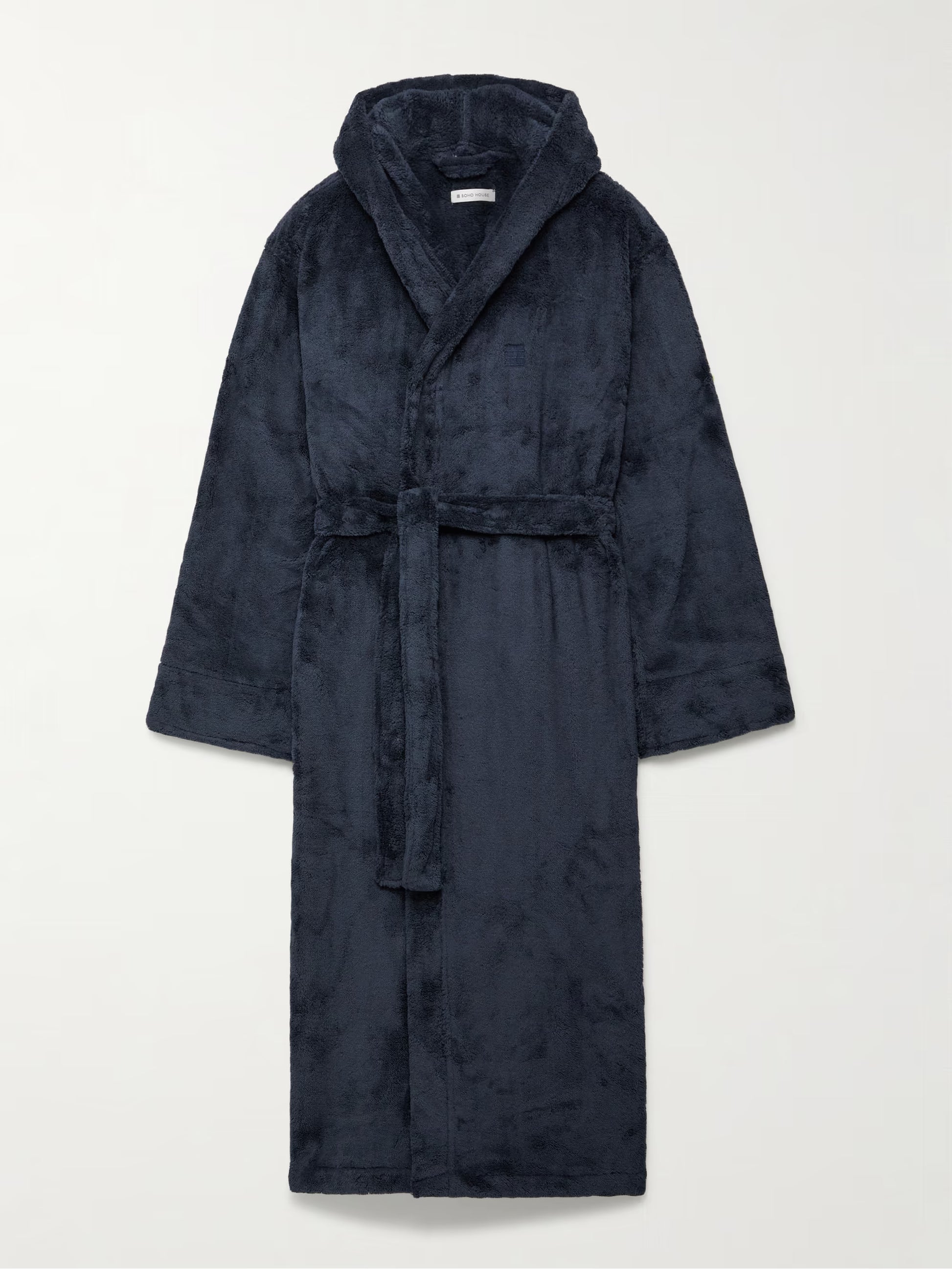 Soho Home hooded robe men navy fleece with logo embroidery