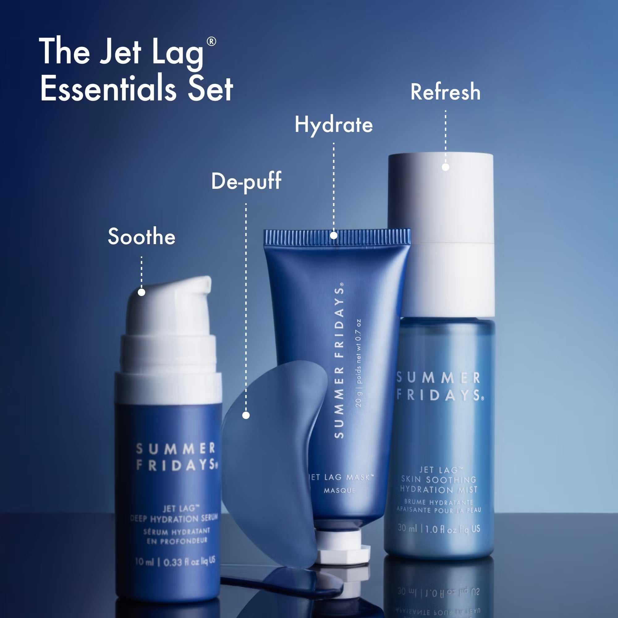 Summer Fridays Jet Lag set contents mask serum mist eye patches overnight serum