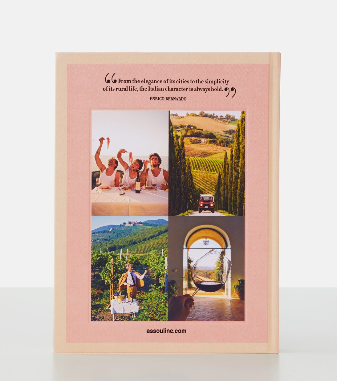 Framed collage of Italian lifestyle images with a quote on a pink background