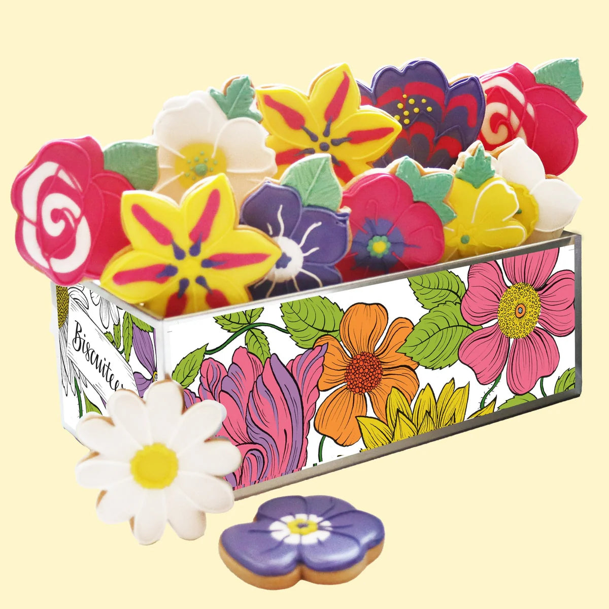 Biscuiteers Bouquet Luxe Biscuit Tin | Hand-Iced Lemon Biscuits