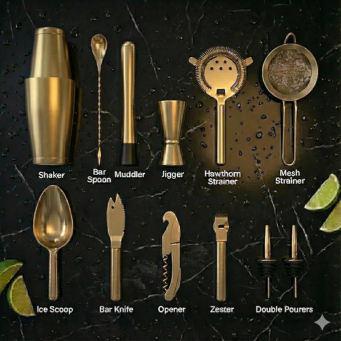Set of gold bar tools on a dark surface with labels
