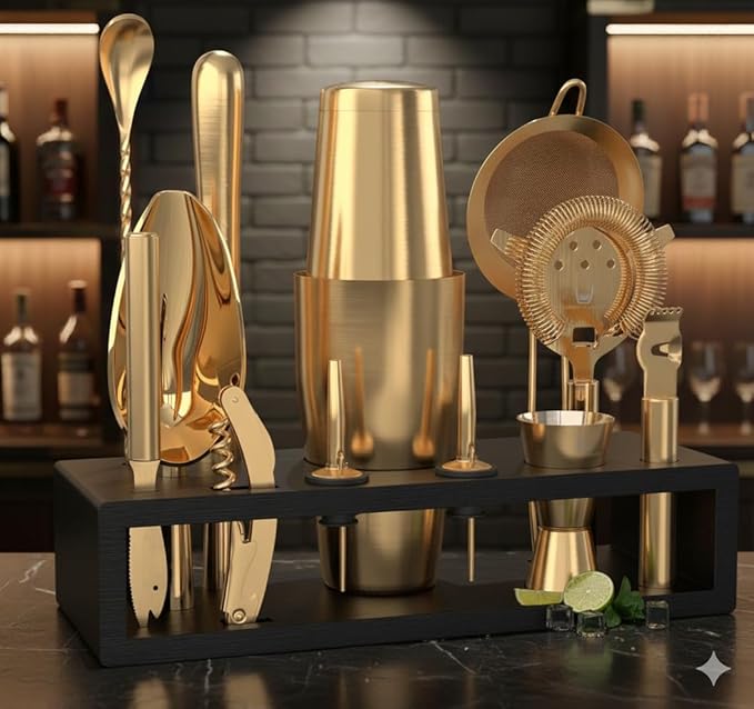Set of gold cocktail tools on a black stand with bottles and glasses in the background