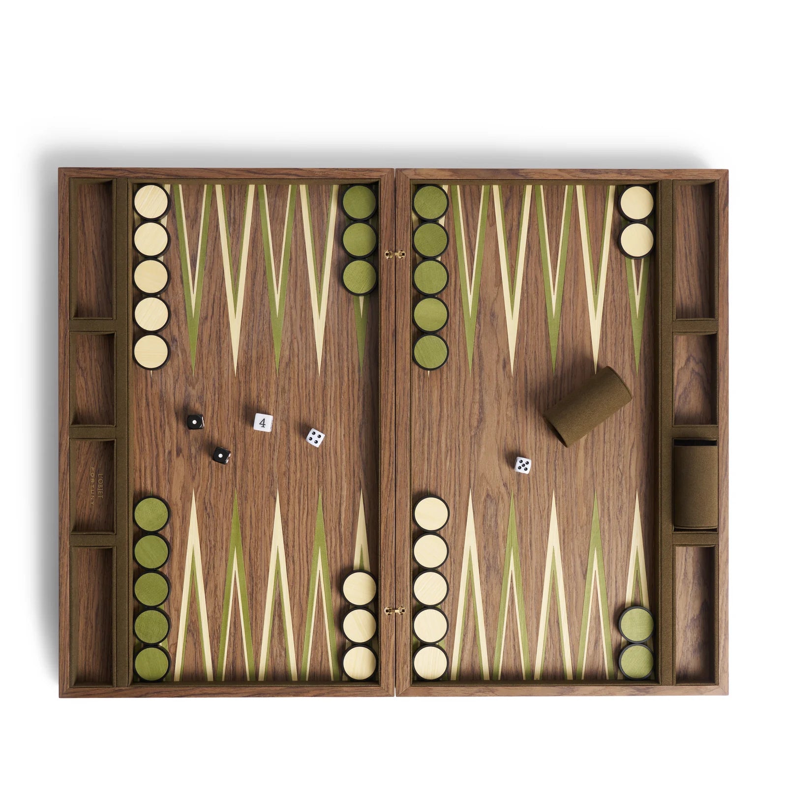 Wooden backgammon board with pieces and dice on a white background
