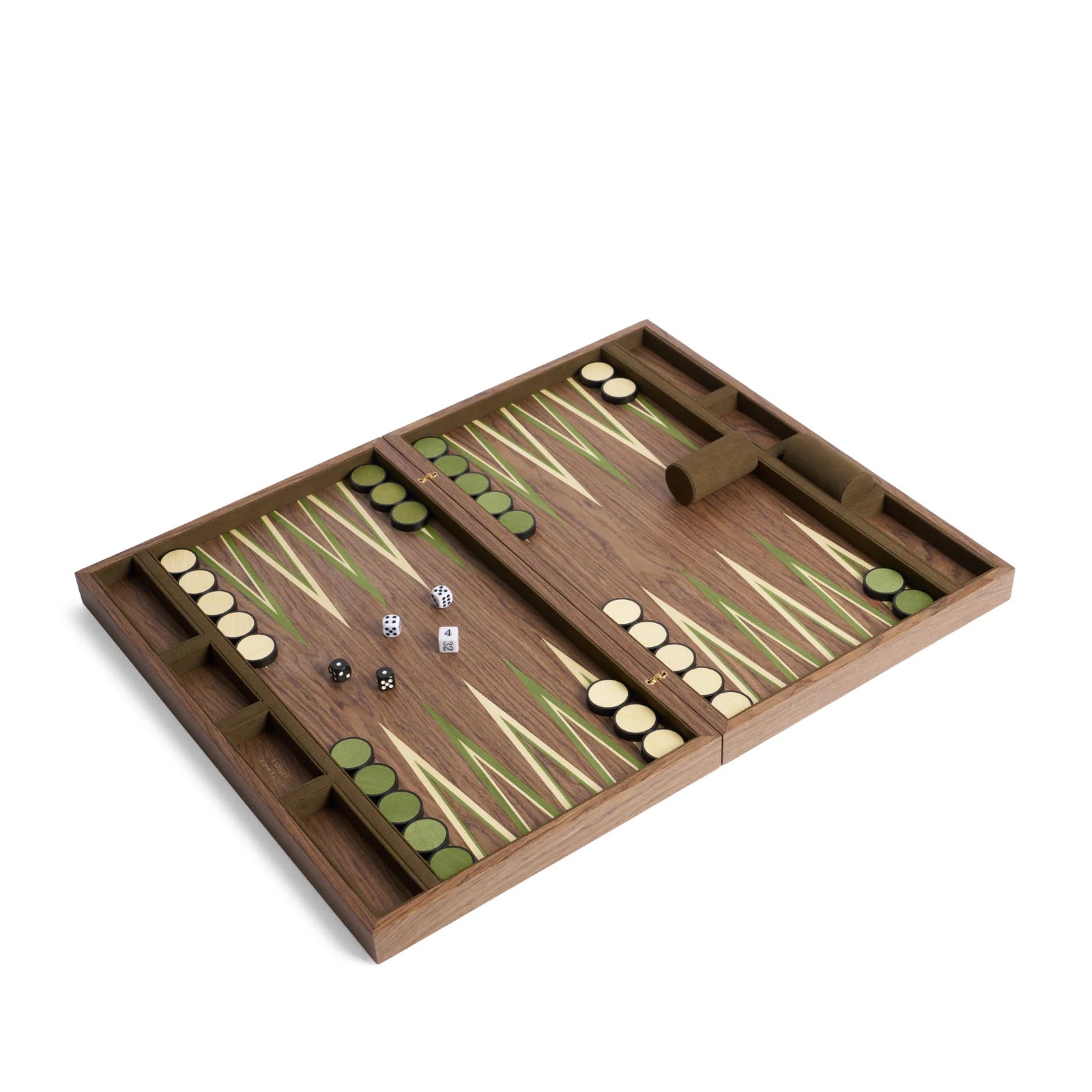 Wooden backgammon board with pieces and dice on a white background