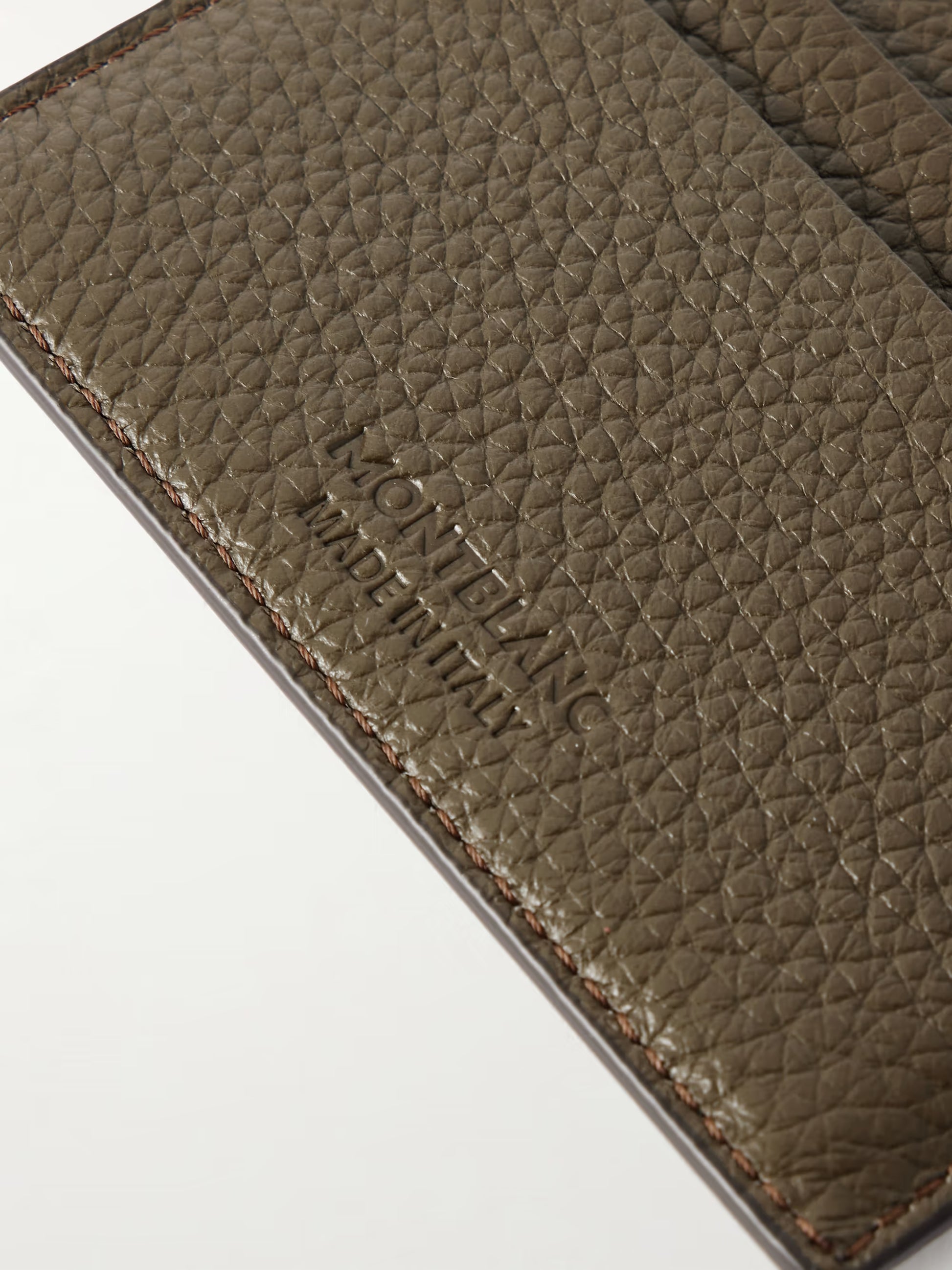 Montblanc card holder mens snow cap emblem close-up on army-green leather