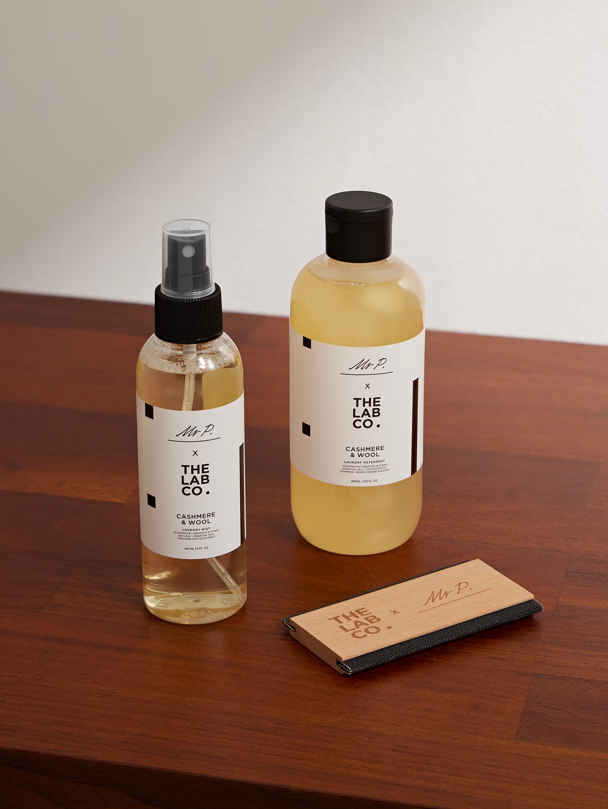 Mr P. and The Lab Co. cashmere and wool care kit with laundry mist detergent and comb