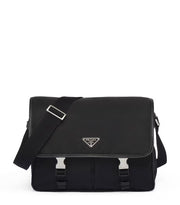 Prada Re-Nylon and Leather Messenger Bag in black with triangle logo and silver-tone hardware
