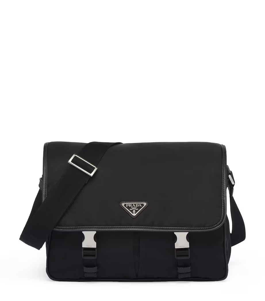 Prada Re-Nylon and Leather Messenger Bag in black with triangle logo and silver-tone hardware