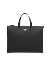 Prada Saffiano leather tote bag for men in black calfskin with triangle logo front view