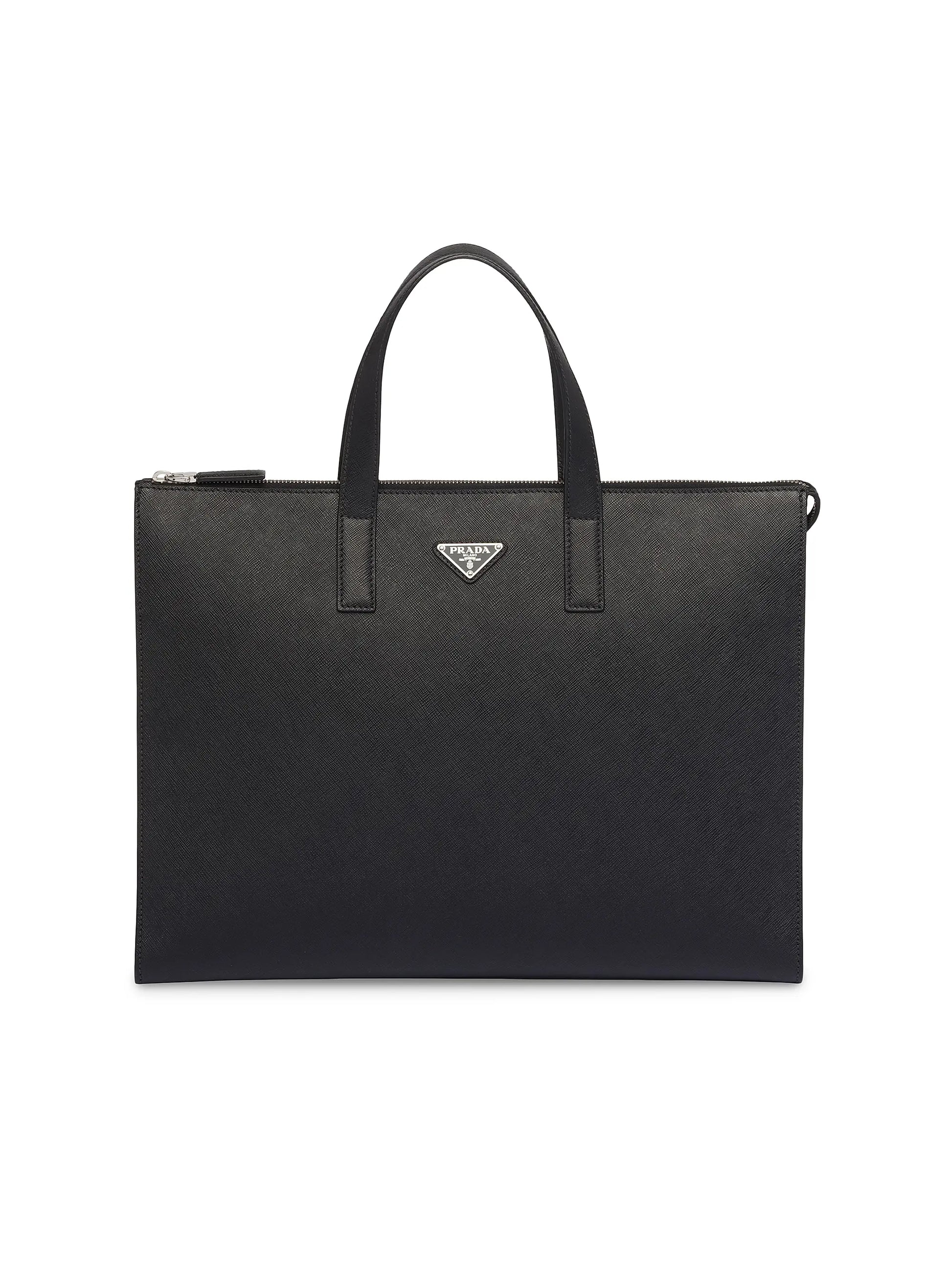 Prada Saffiano leather tote bag for men in black calfskin with triangle logo front view
