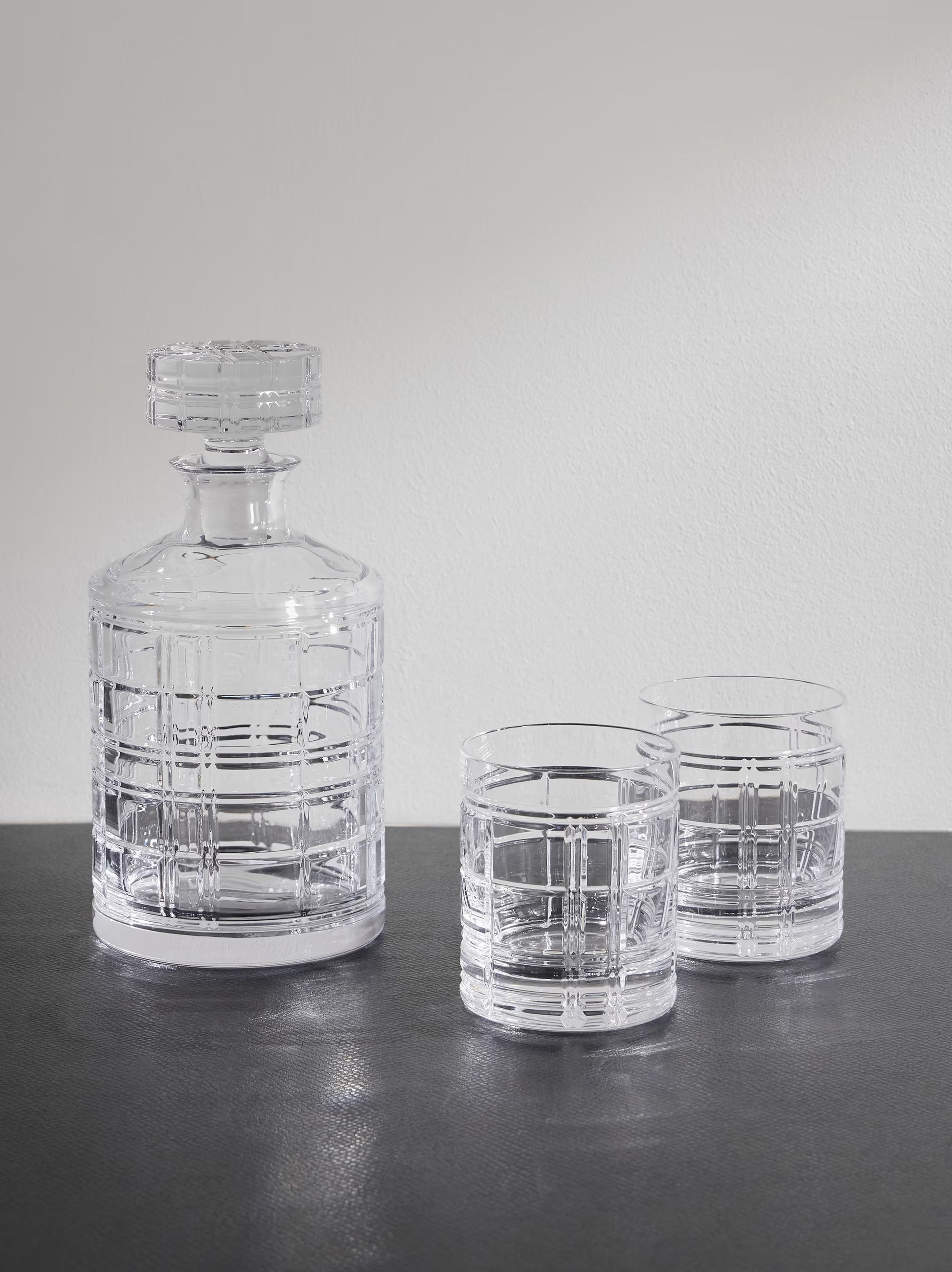 Ralph Lauren Home Hudson Plaid crystal decanter set with two old-fashioned glasses in presentation box
