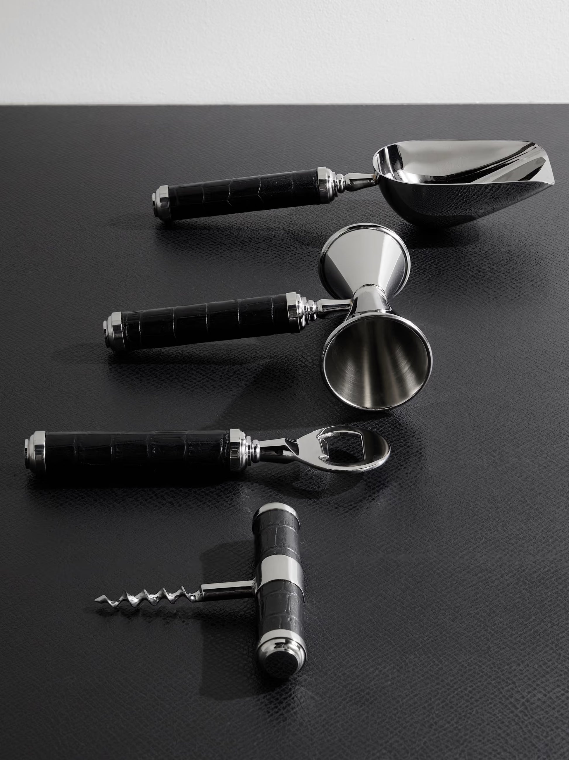 Ralph Lauren Home Wells bar tool set with croc-effect leather handles and polished stainless steel