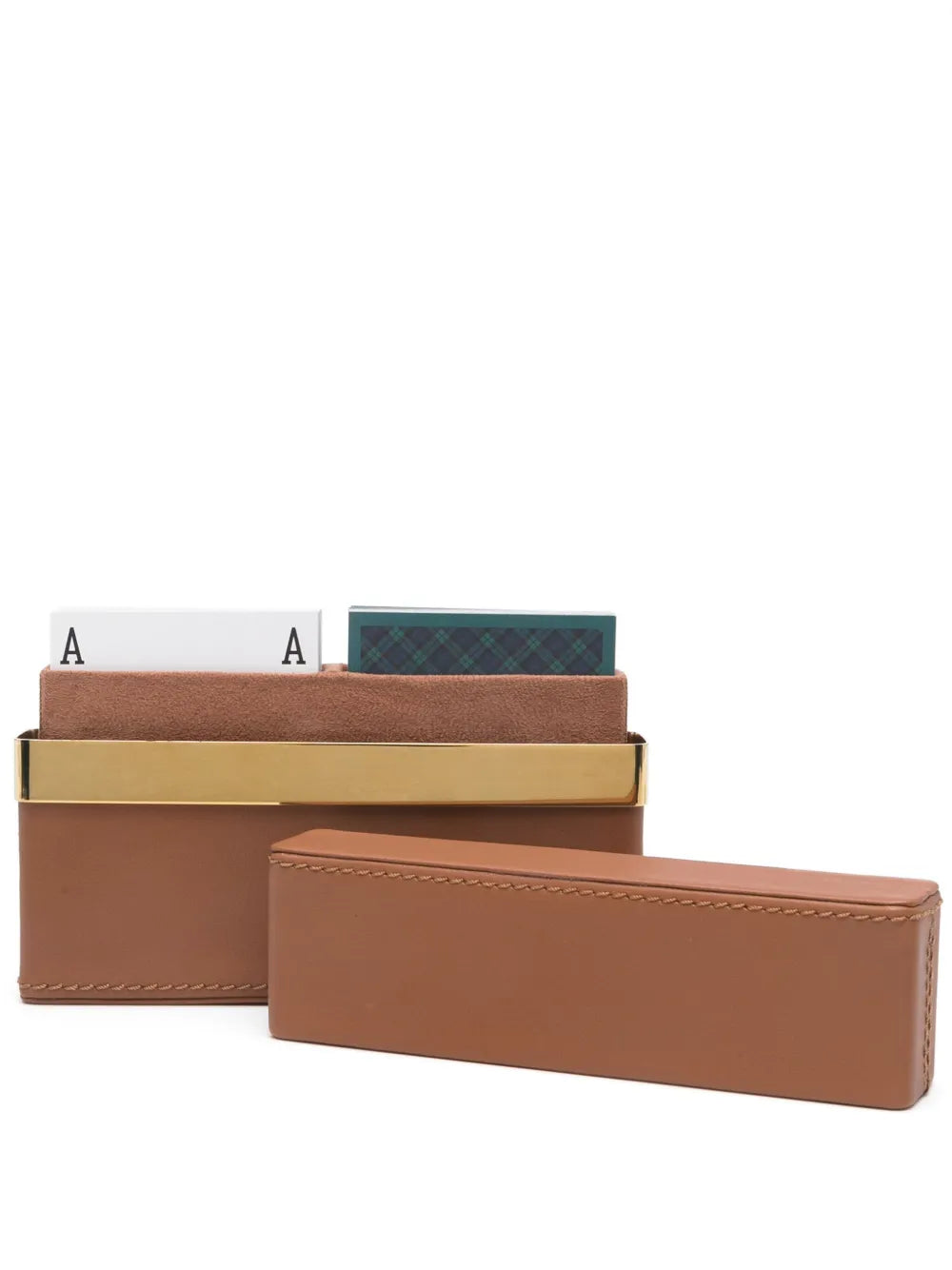 Collection of leather card holders on a white background