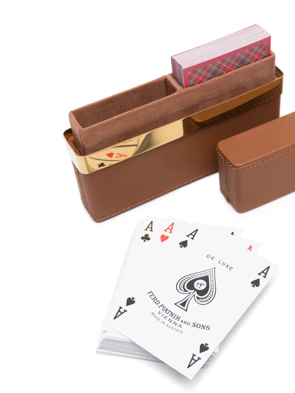Brown card holder with playing cards on a white background