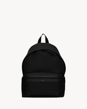 Saint Laurent City Backpack in black ECONYL regenerated nylon with leather trim and oxidized nickel hardware