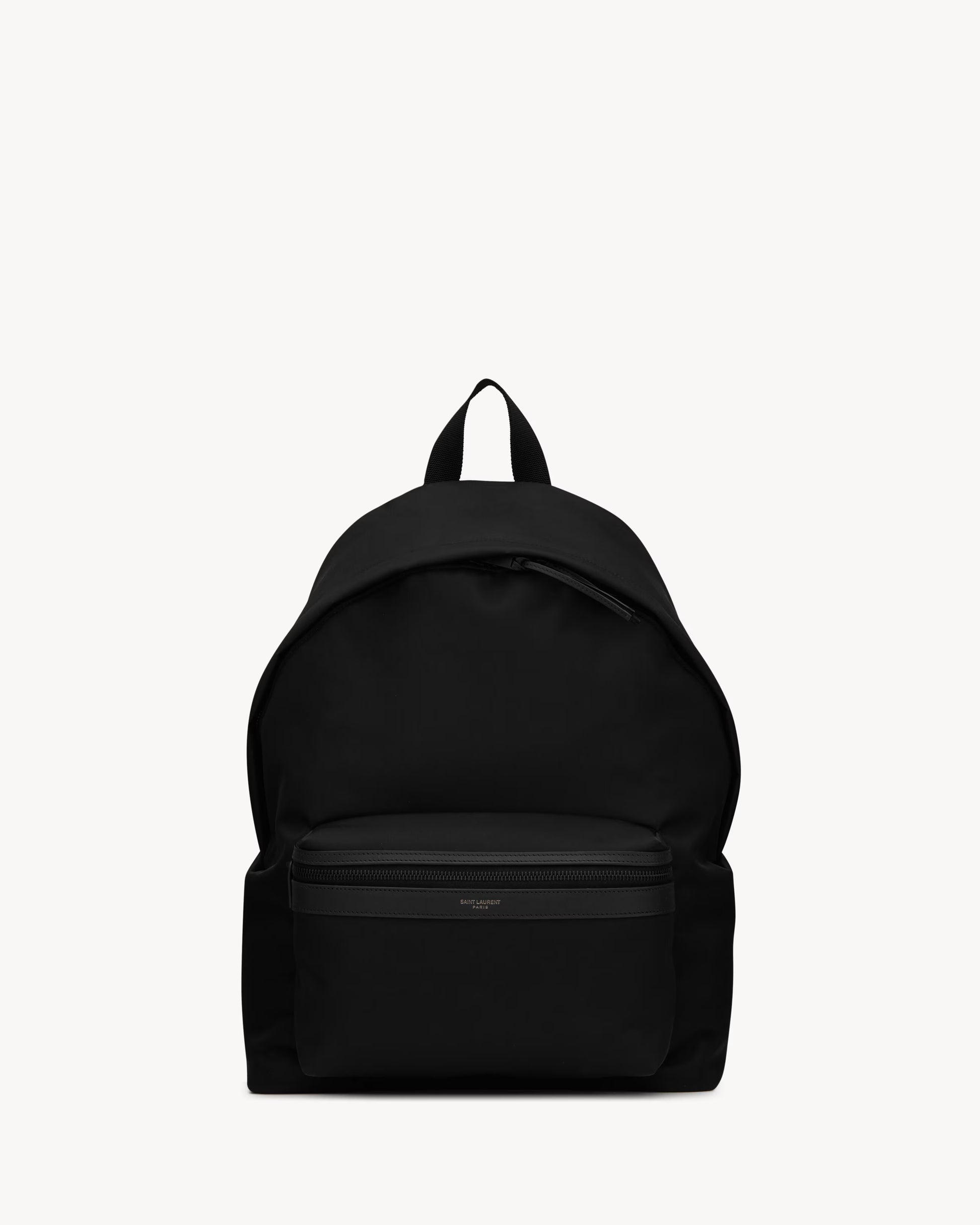Saint Laurent City Backpack in black ECONYL regenerated nylon with leather trim and oxidized nickel hardware