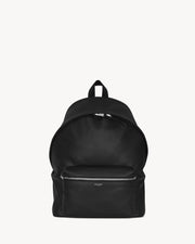 Saint Laurent City Backpack in black matte calfskin leather with oxidized nickel hardware and padded straps