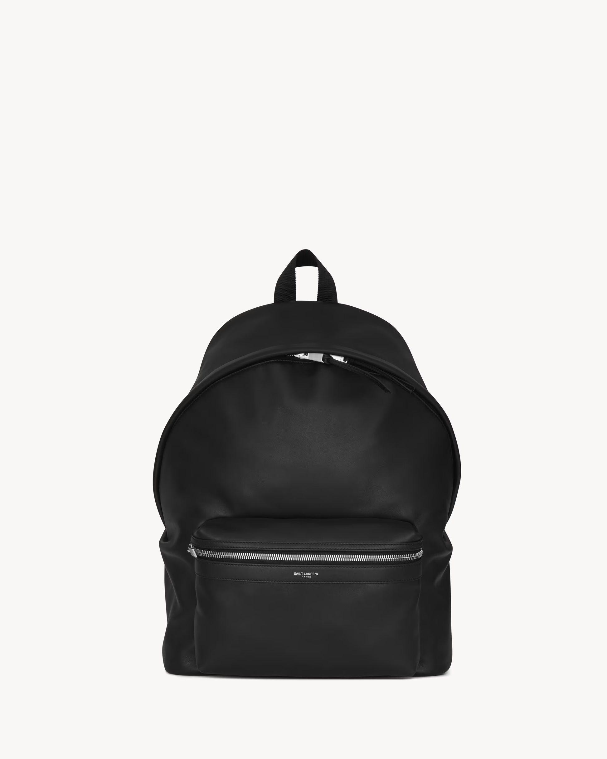 Saint Laurent City Backpack in black matte calfskin leather with oxidized nickel hardware and padded straps