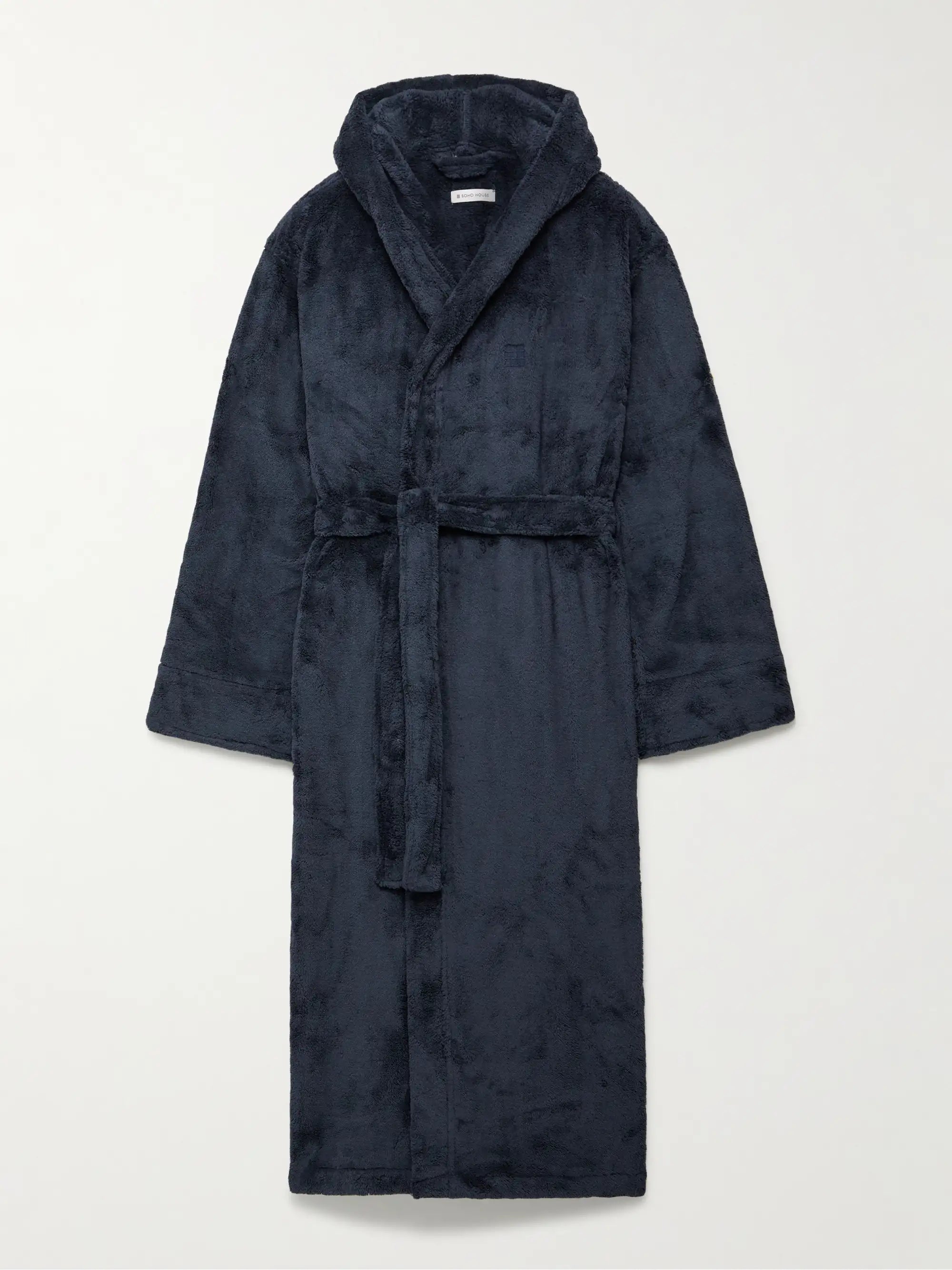 Navy blue robe with a hood on a light gray background