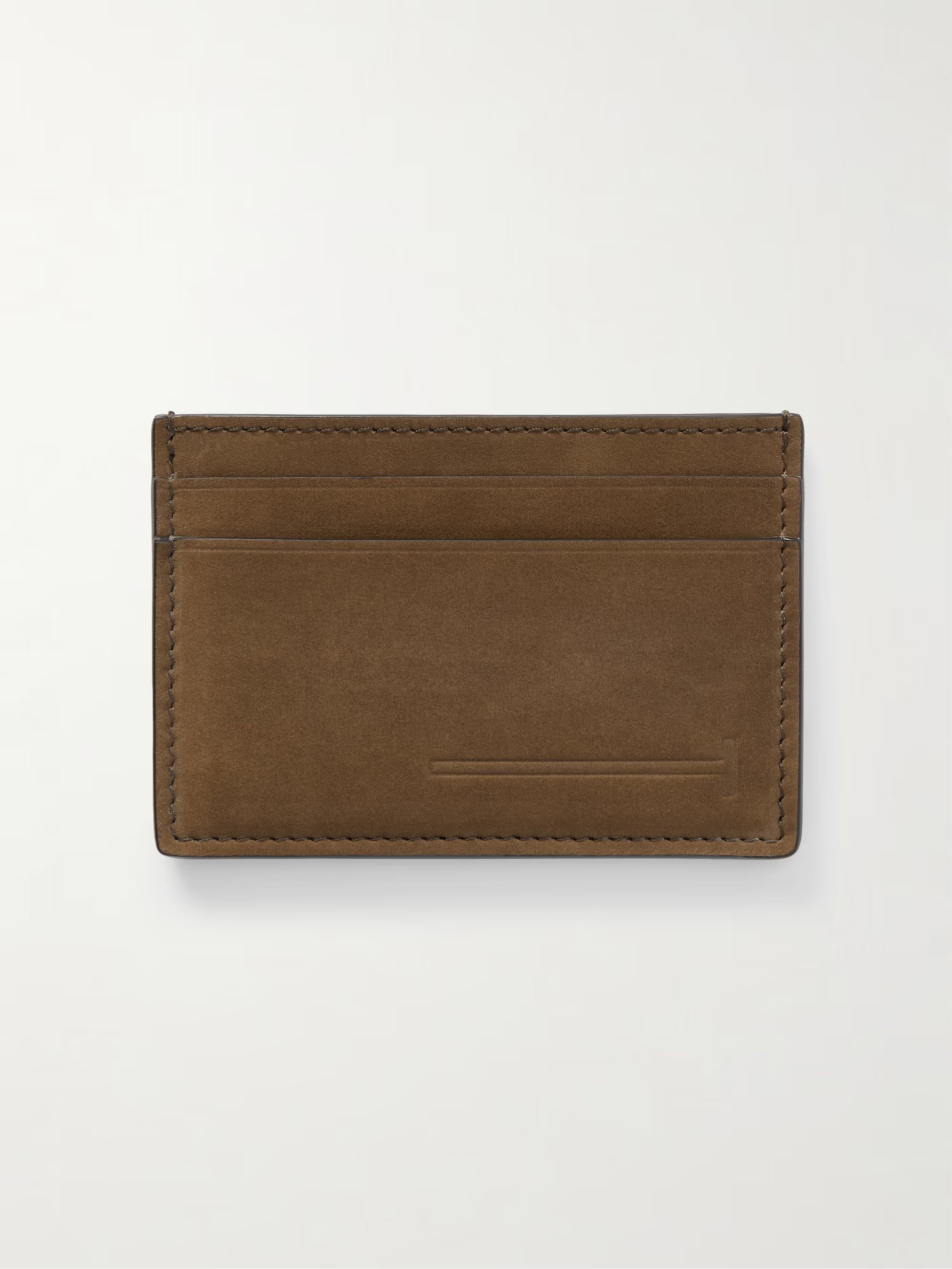 Tom Ford mens card holder back view showing signature elongated T in nubuck