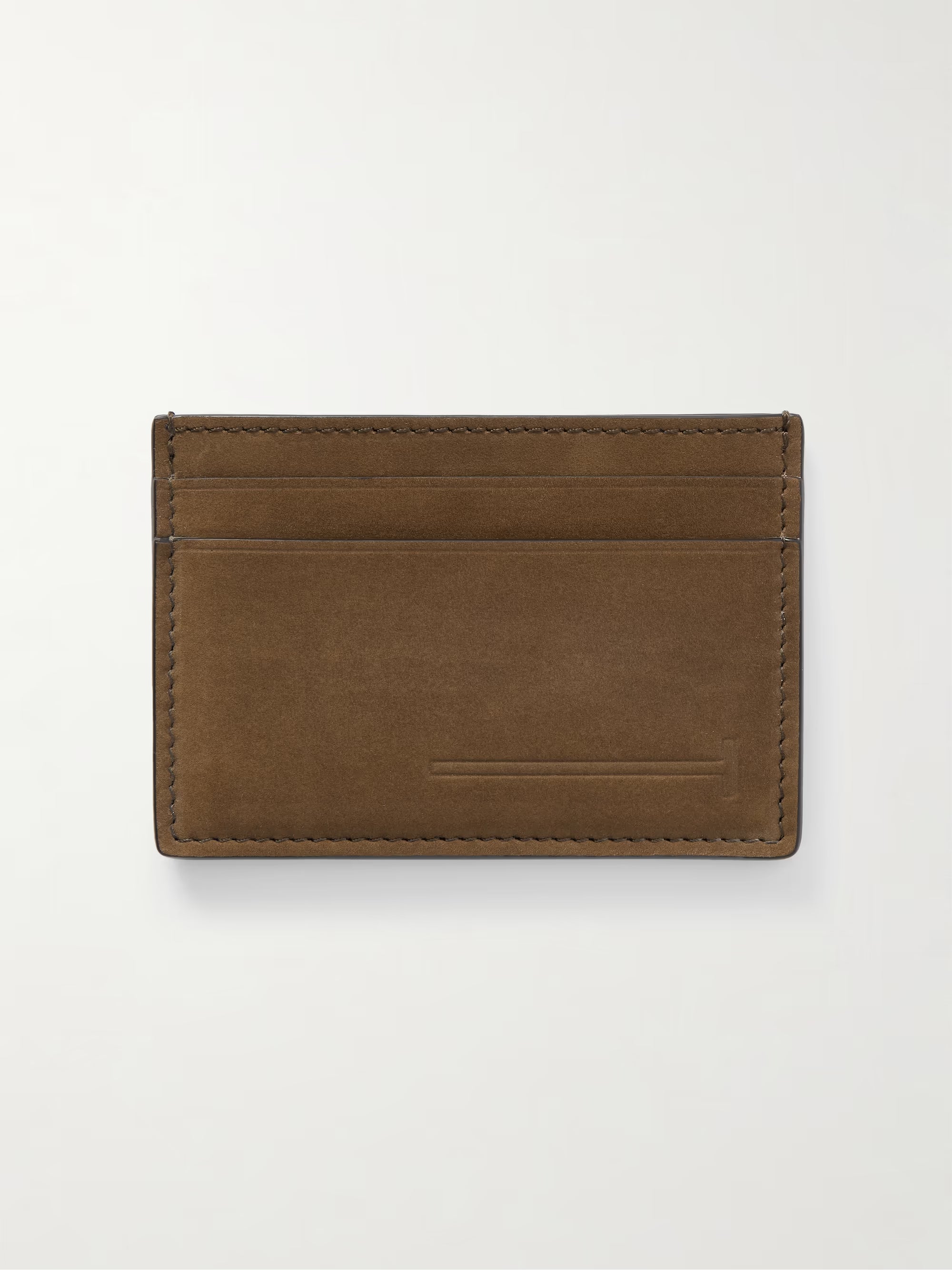 Tom Ford mens card holder back view showing signature elongated T in nubuck