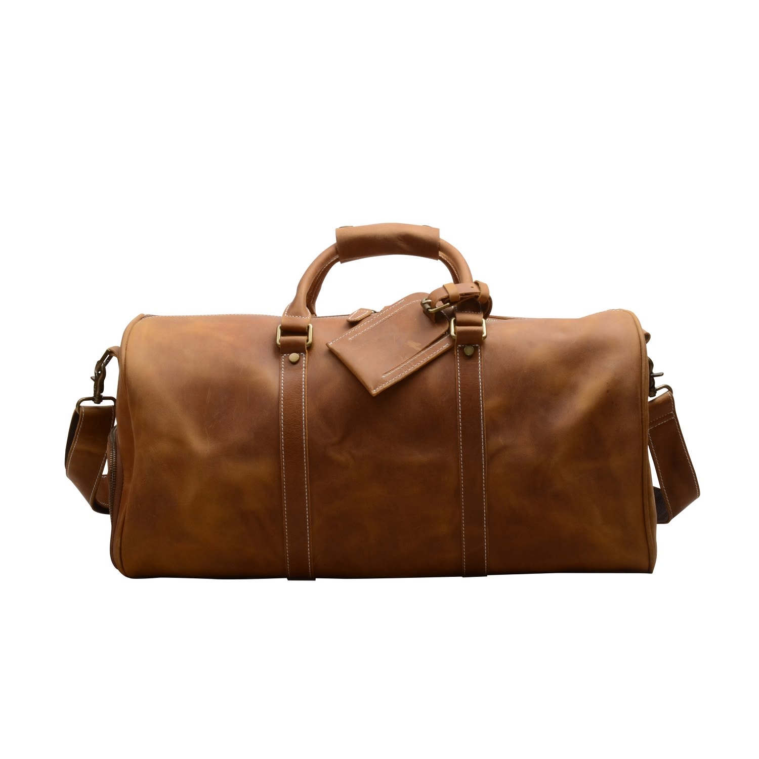 Touri Leather Weekend Bag in brown vintage saddle leather with shoe storage compartment and brass YKK zipper
