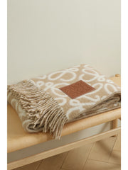 Loewe Fringed leather-trimmed alpaca-blend jacquard blanket